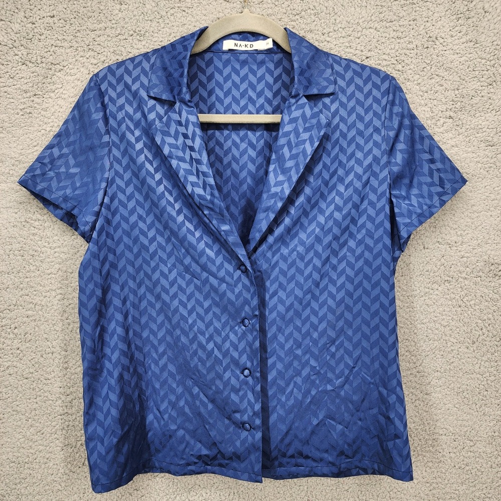 NA-KD Blue Herringbone Jacquard Short Sleeve Button Up Shirt Women's Size 34